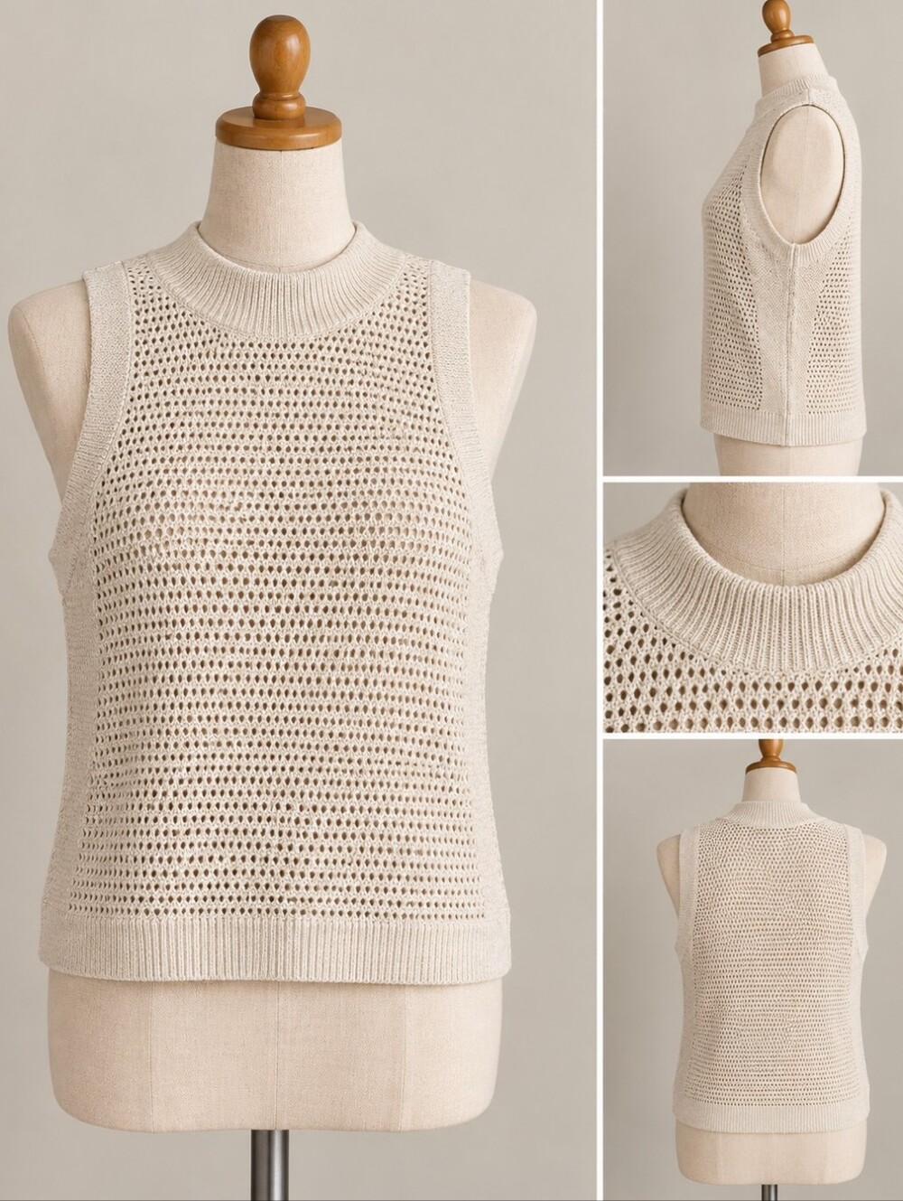 NWT COMMENSE XS Ivory Open Knit Sleeveless Sweater Tank Crochet Minimalist
